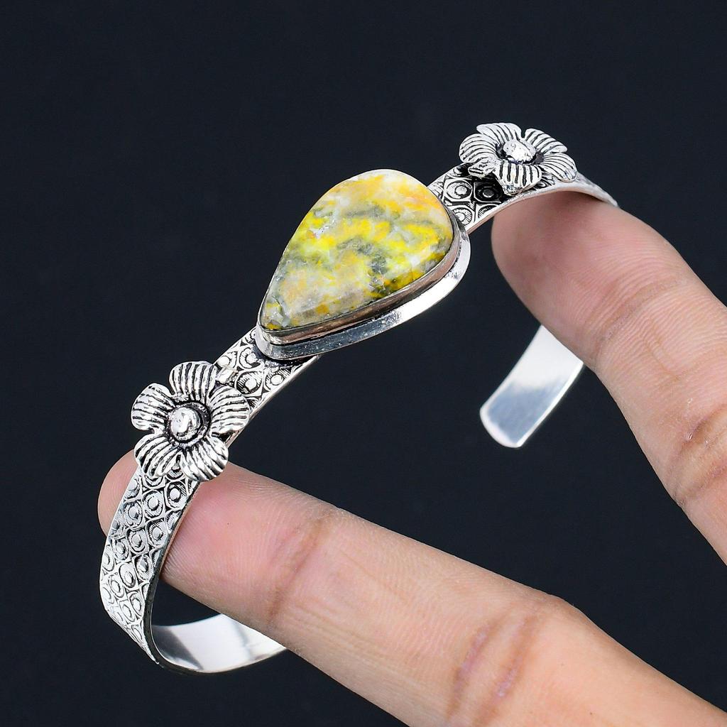 Daughters Day Sale Sterling Silver Bumble Bee Jasper Stone Flower Bangle Jewelry