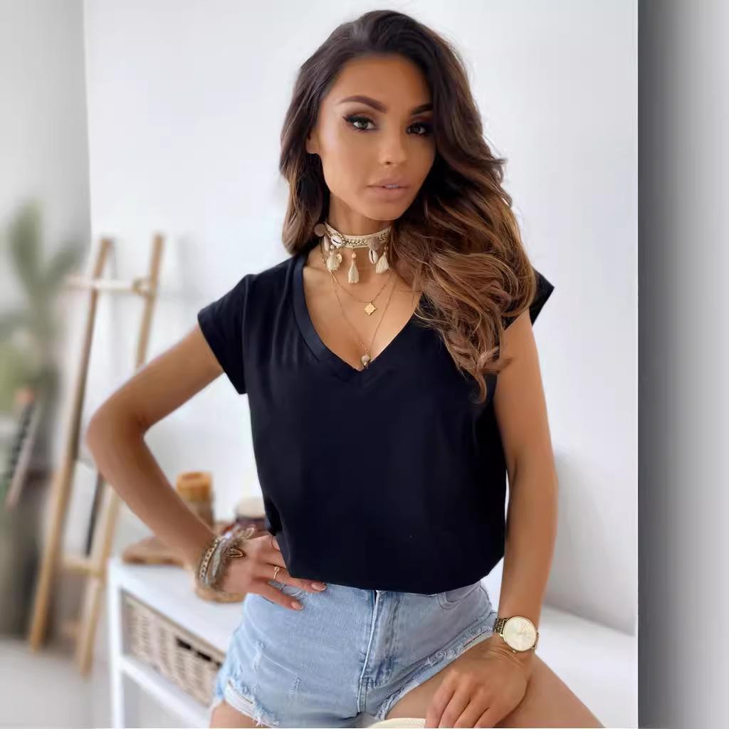 Spring and Summer Pure Color Short-sleeved V-neck Top Simple Women's T-shirts