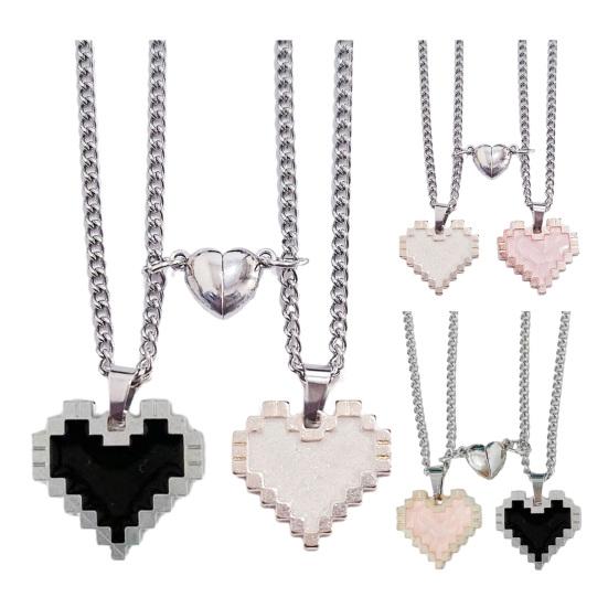 2Pcs Couple Necklace Heart Charm Magnetic Suction Shiny Finish Necklace Valentine Day Anniversary Jewelry Gift