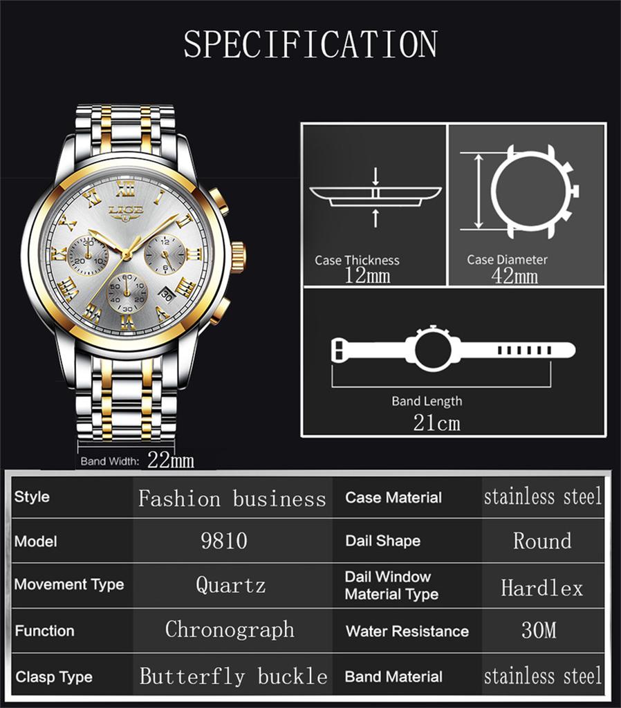 LIGE Waterproof Man Wristwatch Men's Watch Quartz Stainless Steel Band Chronograph Calendar Luxury Watches Relogio Masculino