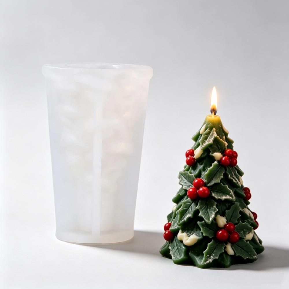 Christmas Holly Embossed Candle Mold for DIY Christmas Tree Candle Making, Silicone Resin Mold, Holiday Home Decor Craft Supplies