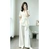 Damen Kurzarm Locker Geschnittener Blazer Hohe Taille Weites Bein Hosen Sommer 2-teiliges Set