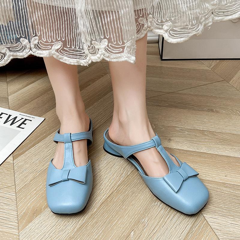 French imitation leather bag head and half slippers women's summer new square head slope heel thick heel low heel outer wear a pair of cool slippers