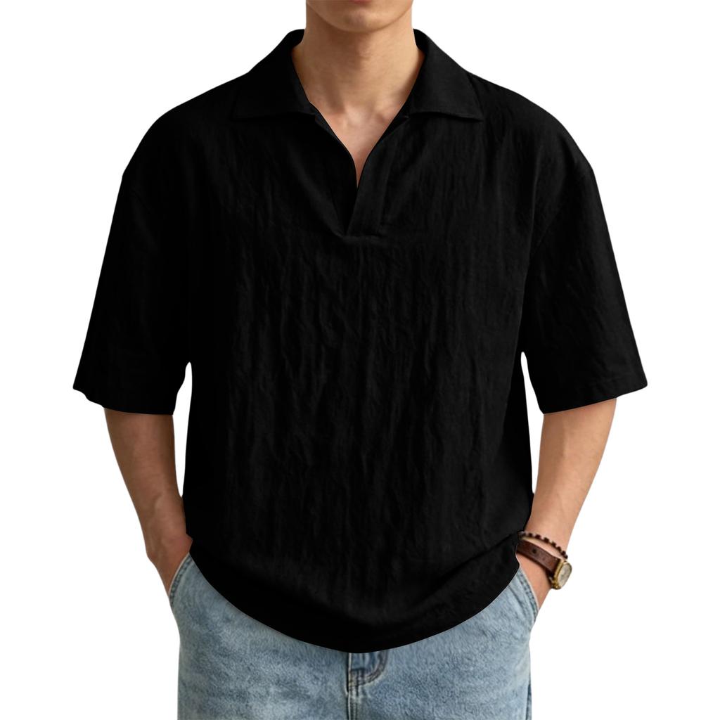 Men's Casual Short-Sleeve Cotton-Linen Shirt With Lapel: Lightweight And Breathable