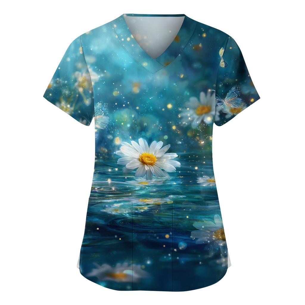 Women's Fashion V,Neck Short Sleeve Overalls With Pockets  Print Tops  Clothes