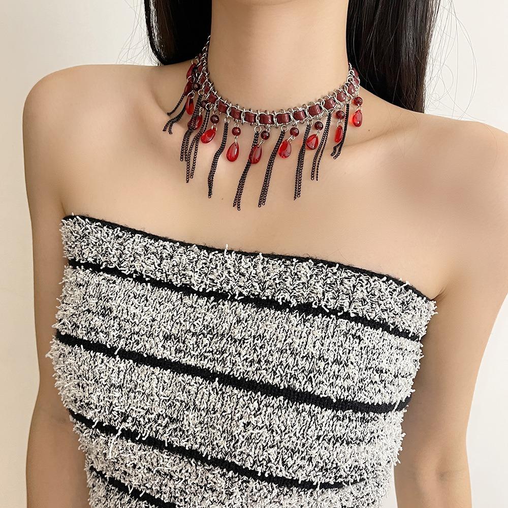 Sweet Vintage Tassel Beads Necklace Gothic Crystal Pendant Beaded Choker Charm Collarbone Chain Clavicle Chain Girls