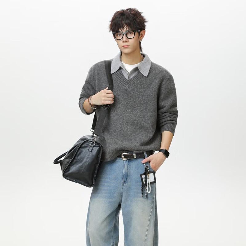 Snoopy Men's Faux Two-Piece Lapel Knit Sweater