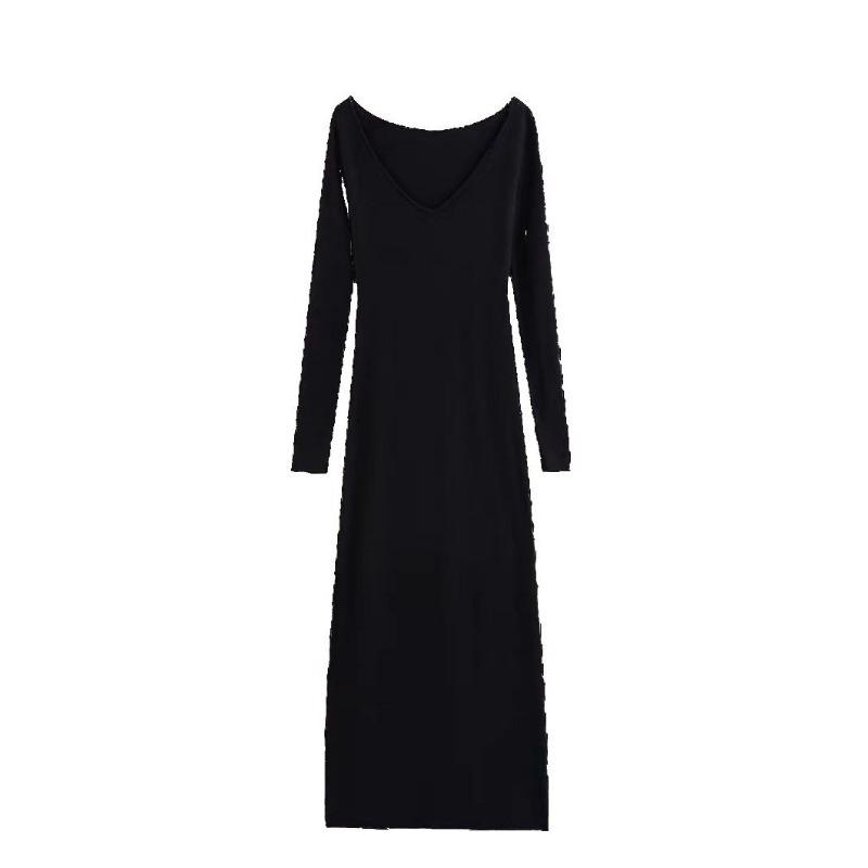 Knitted dress women's early autumn new inner fit slim and thin hip skirt black long-sleeved high-end long dress