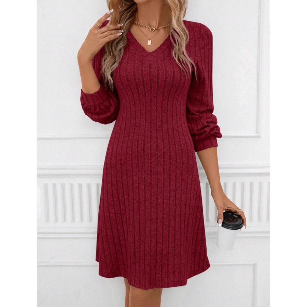 GMXIA Autumn Winter Solid Color Women's V-neck Long Sleeve Knitted Pit Strip Loose Fashion Dress