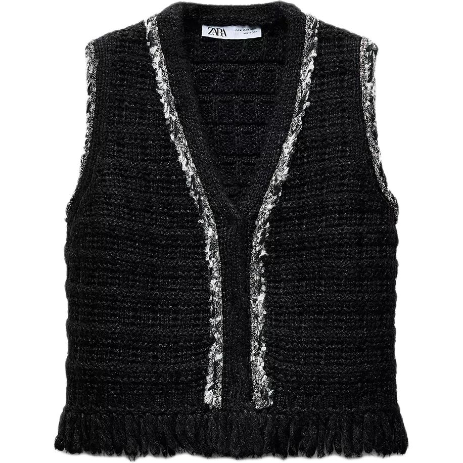 

Zara Fringe Knit V-Neck Vest Women tops Black 8146105-800 S