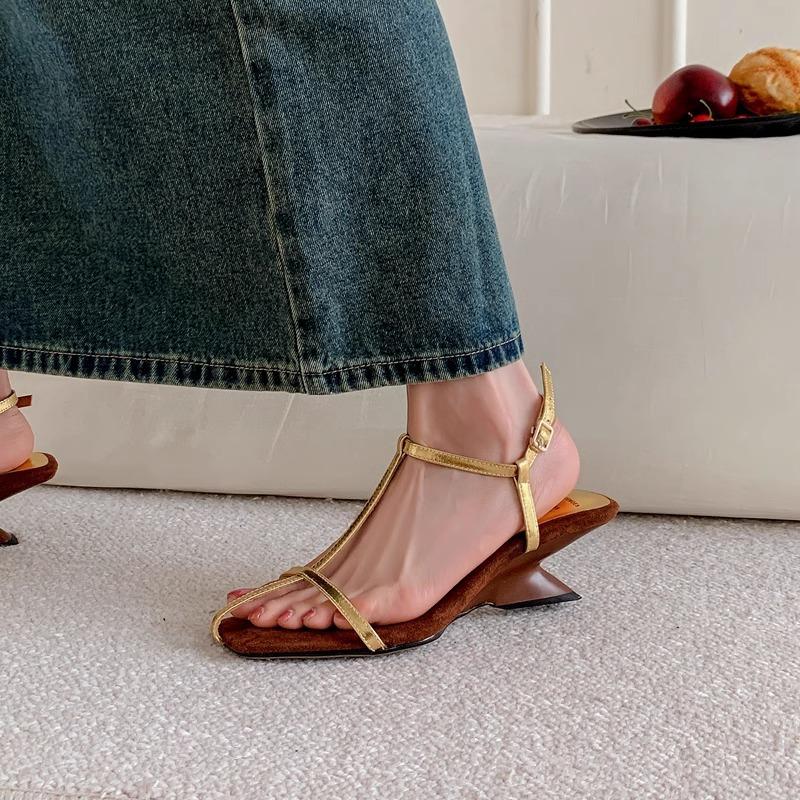 Fashion Women Open-toe Special-shaped Wedge Heels Sandals Summer New Roman Style Retro Thin-strap Solid Color High-end Holiday Sandals