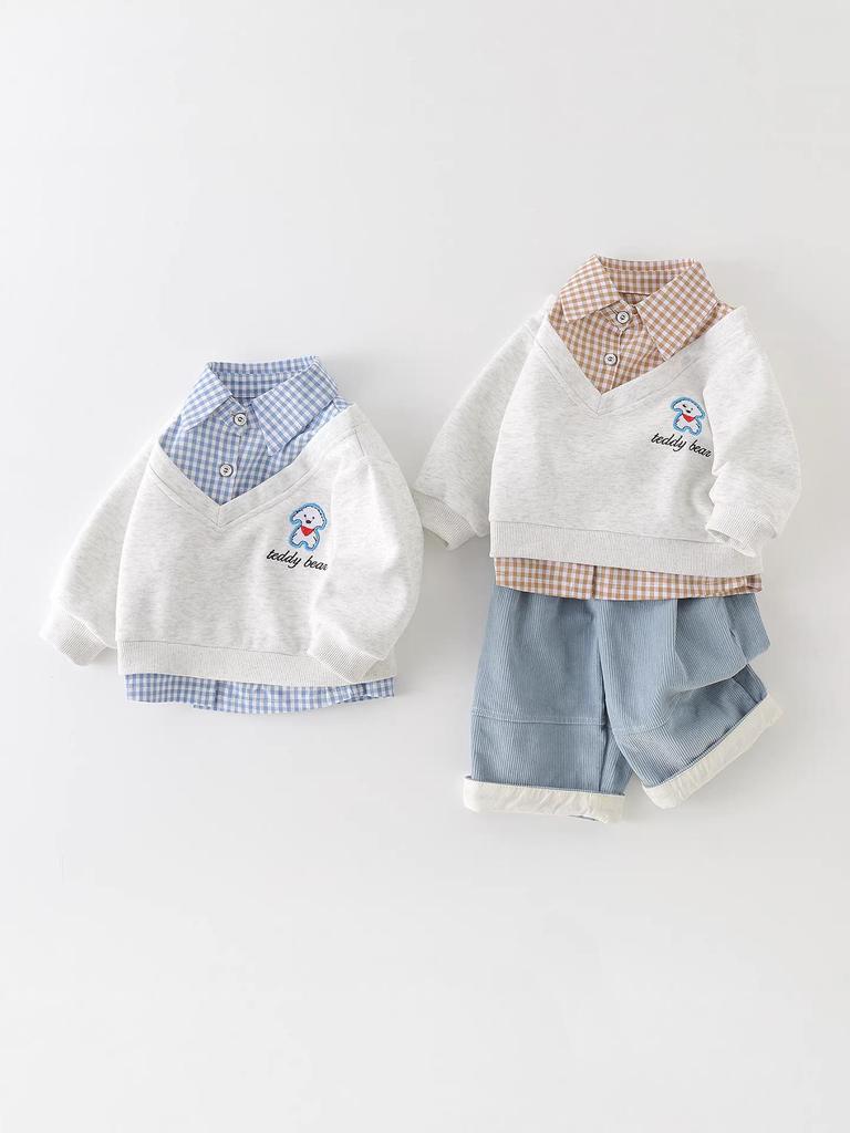 2026 New Boys' and Girls' Plaid Patchwork Two-Piece Hoodie Set for Spring and Autumn