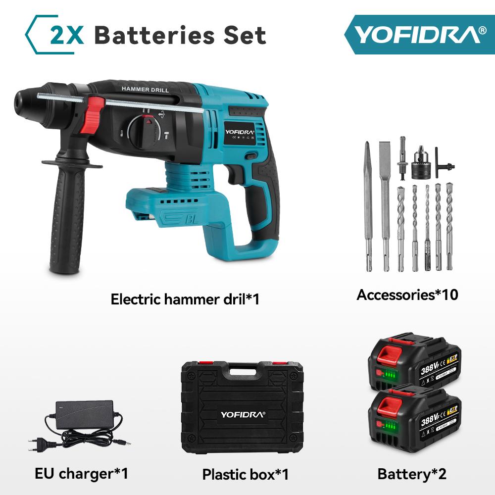 

YOFIDRA 26MM Brushless Electric Hammer Drill Multifunctional Rotary Cordless Rechargeable Power Tools For 21V 18V Battery 2xBattery- Option 7