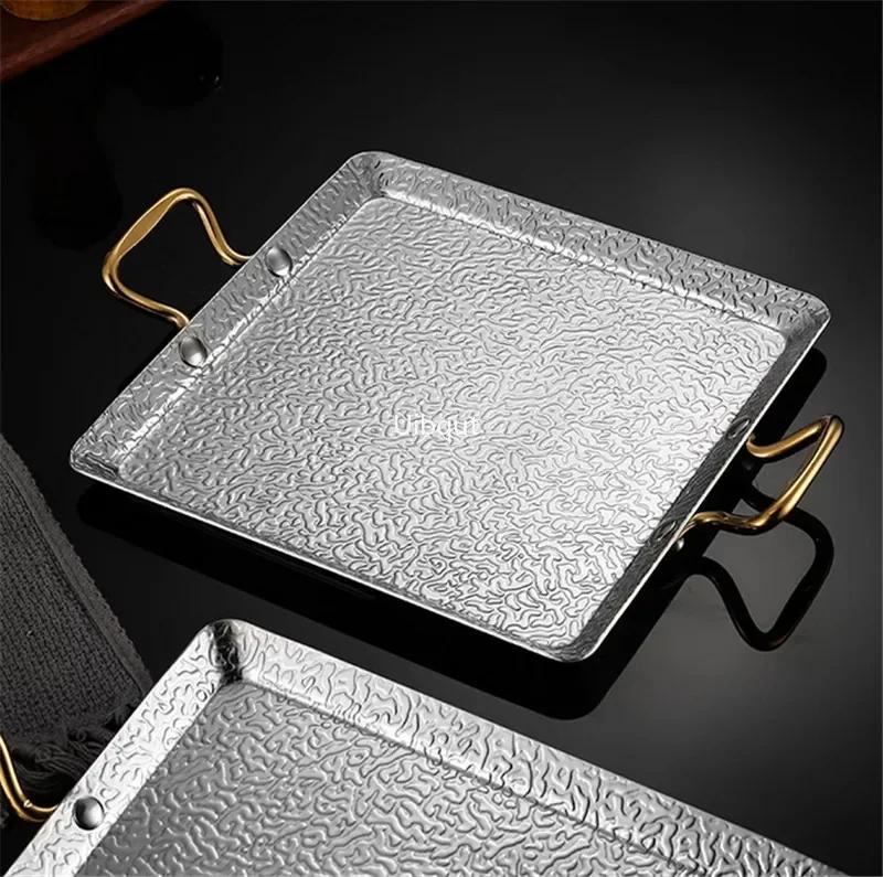 Double ear Creative 304 stainless steel tray shallow BBQ Dim sum steak plate rectangular buffet display dishes and plates sets