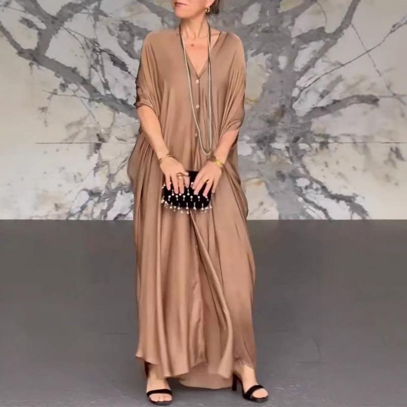 Lockeres Freizeitkleid aus Satin mit V-Ausschnitt für Damen