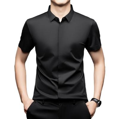 Summer Men Silk Blend Short Sleeve Shirt Solid Color Business