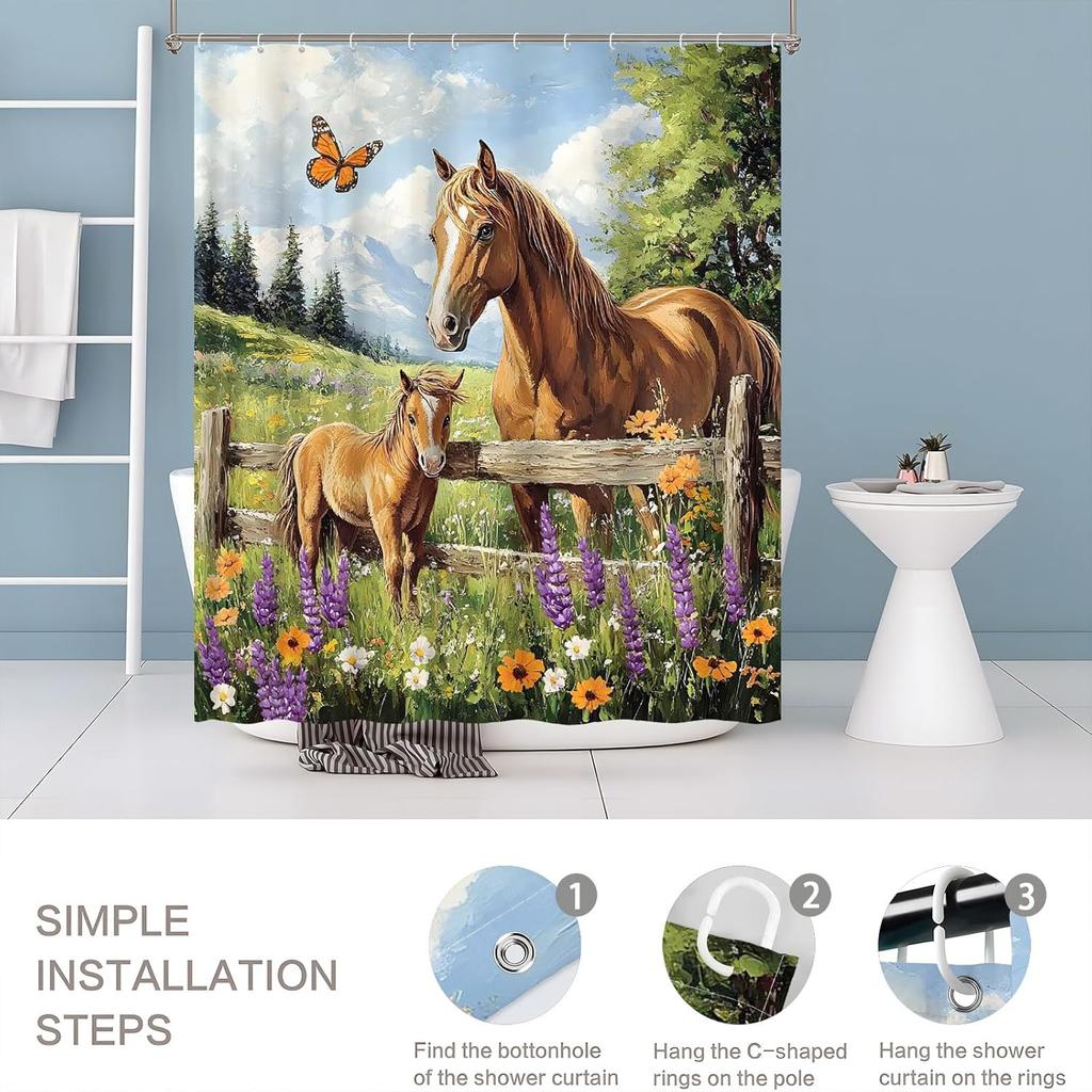 Western Horse Shower Curtain Rustic Farmhouse Animal Colt Wooden Fence Nature Grassland Wildflower Butterfly Country Farm Nature Landscape Fabric