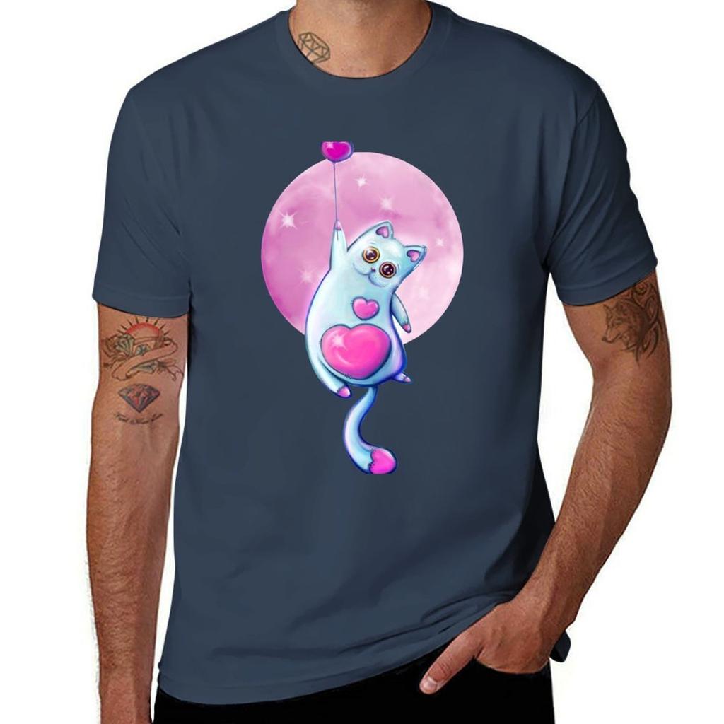 White Cat Hanging On A Heart Balloon Tshirt Stylish Graphic Short Sleeve Top
