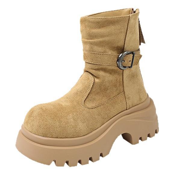 Retro thick heel medium boots women's 2025 new autumn versatile pointed western cowboy boots belt buckle trouser boots