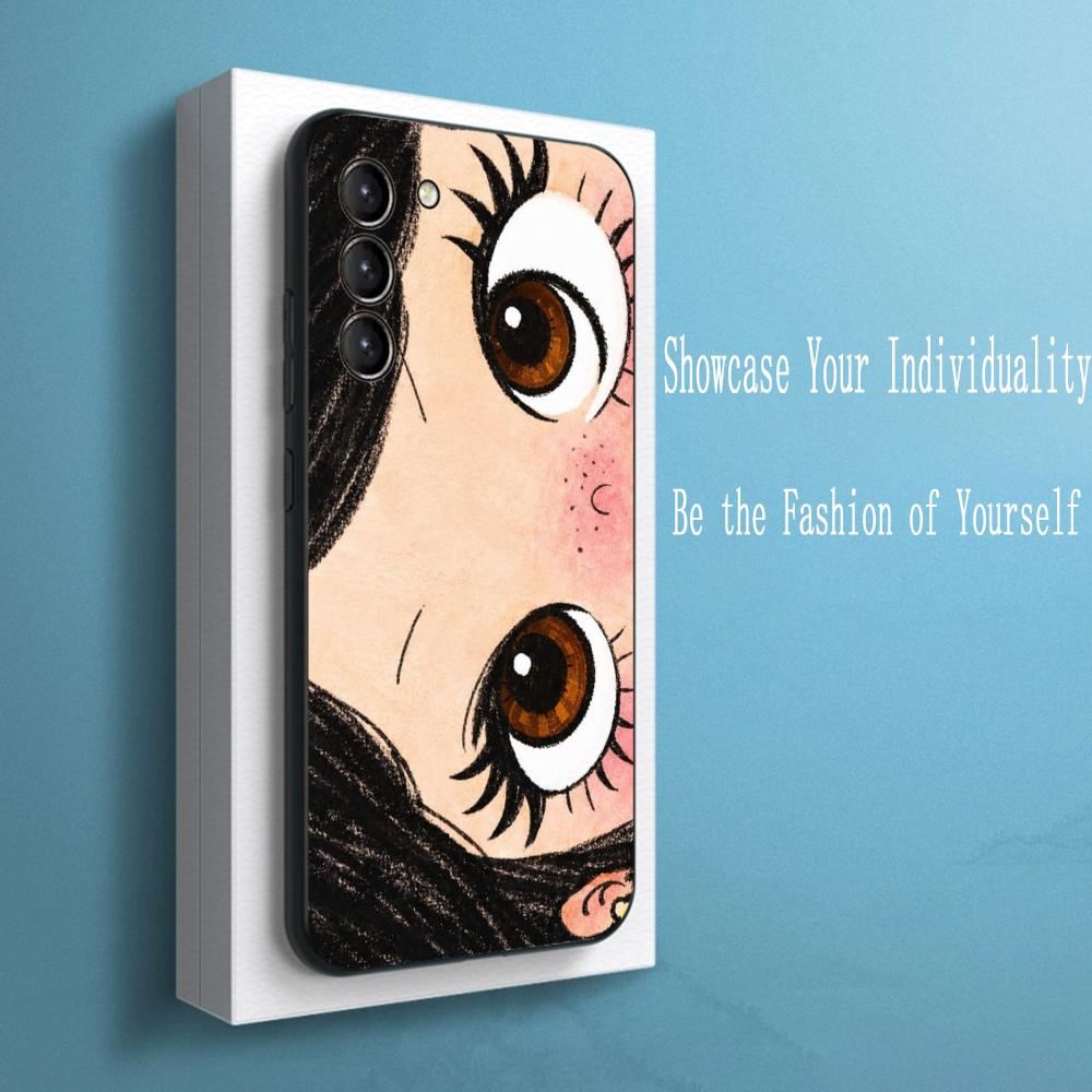 Cute Girl Cartoon Big Eye Design Phone Case For Samsung Galaxy S26 S25 S24 S23 S22 S21 Plus Ultra Note20 Soft Black