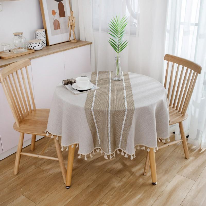 Cotton Tablecloth With Tassel Fringe Embroidered Stripe Round Dining Table Cover