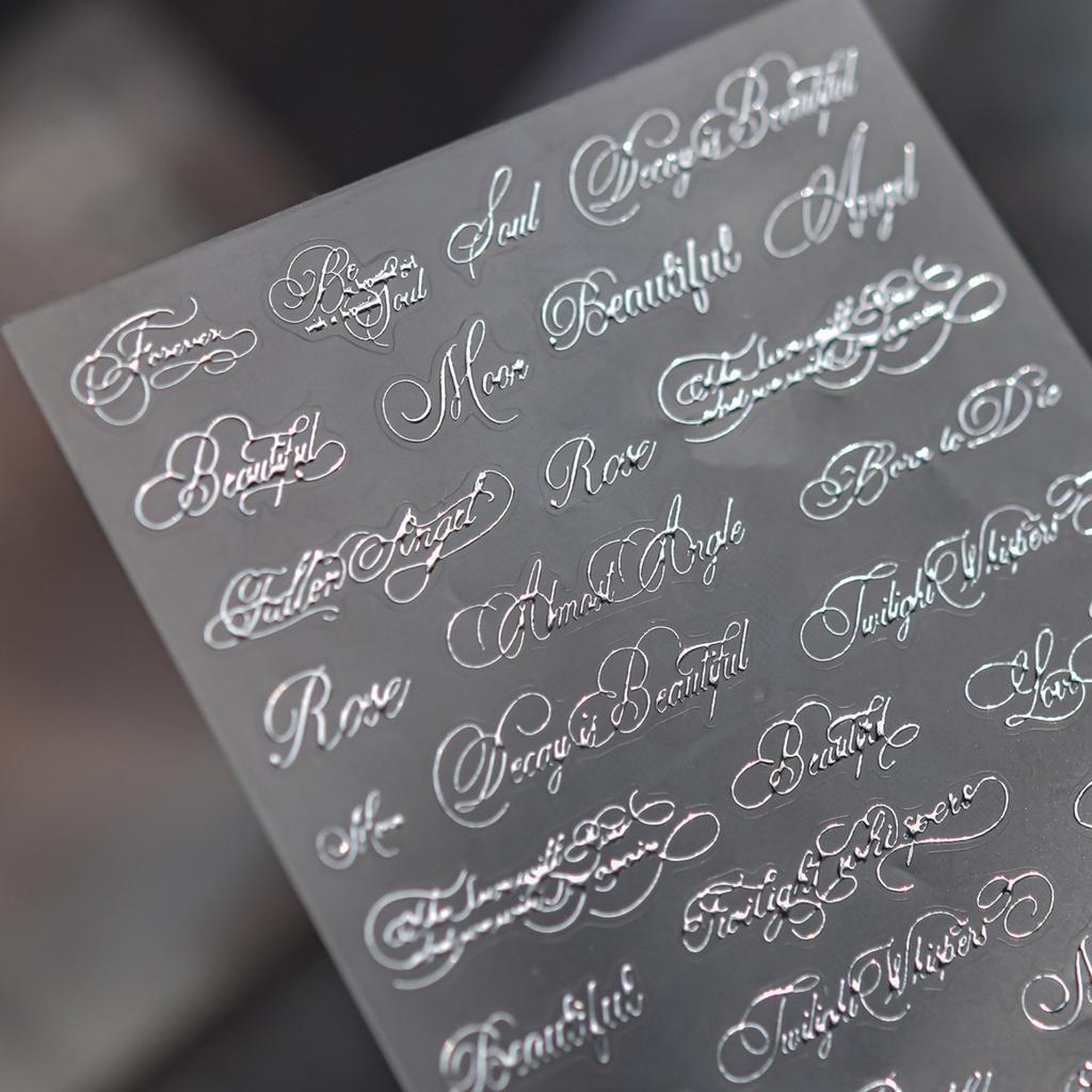 Silver Foil Script Beautiful Rose Moon Forever 5D Nail Art Stickers Cool Elegant Calligraphy Words Embossed Nail Decal Manicure