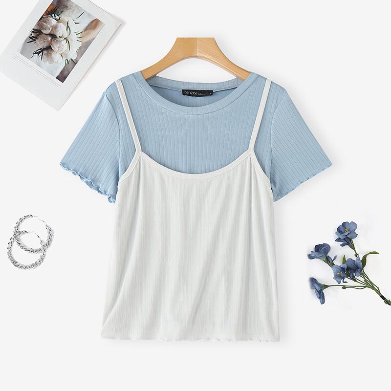 ZANZEA Women Casual Fake Two Piece Patchwork Summer Short Sleeve T-Shirts