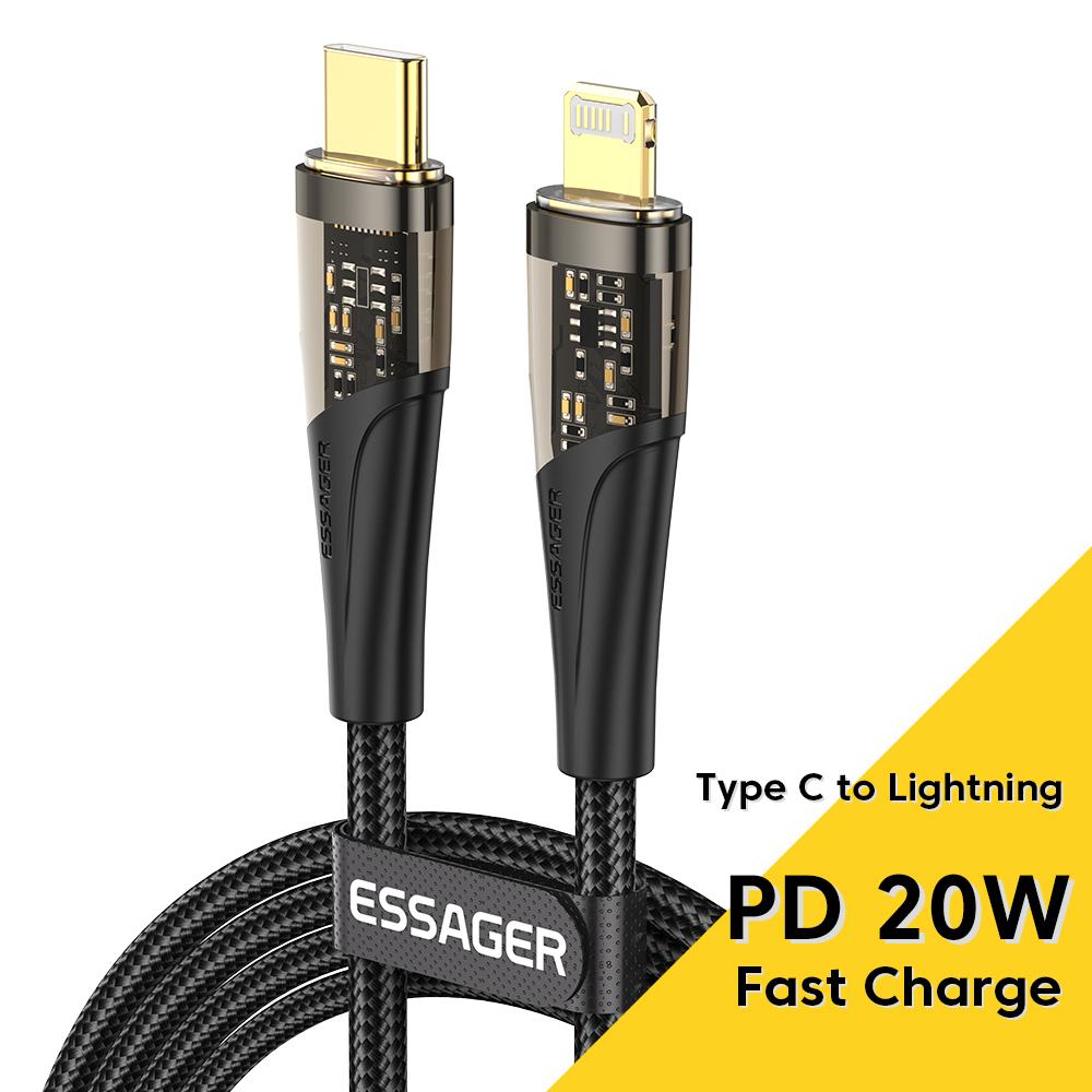 

USB-кабель Essager для iPhone 13 12 11 Pro Max XS Xr 8 7 6 PD, кабель для быстрой зарядки для iPad Pro Air, 20 Вт, кабель типа C, шнур для зарядного устройства 1M чёрный