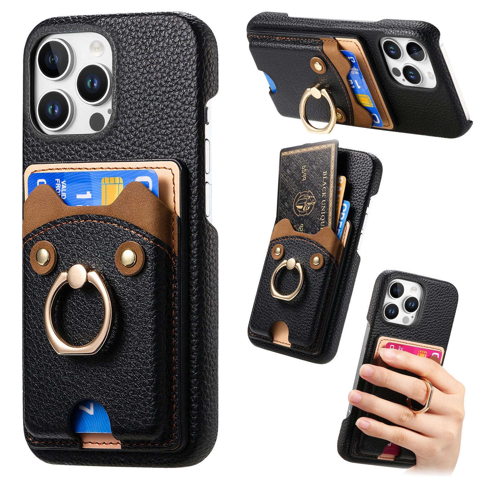 

Y6 For iPhone 16 Pro Max Case Cute Bear Design PU Leather+TPU Card Holder Phone Cover Black