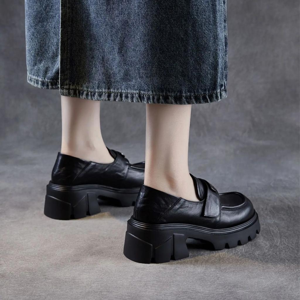 Johnature Genuine Leather Thick Soled Loafers Versatile Pumps Casual Thick High-heeled Women's Shoes