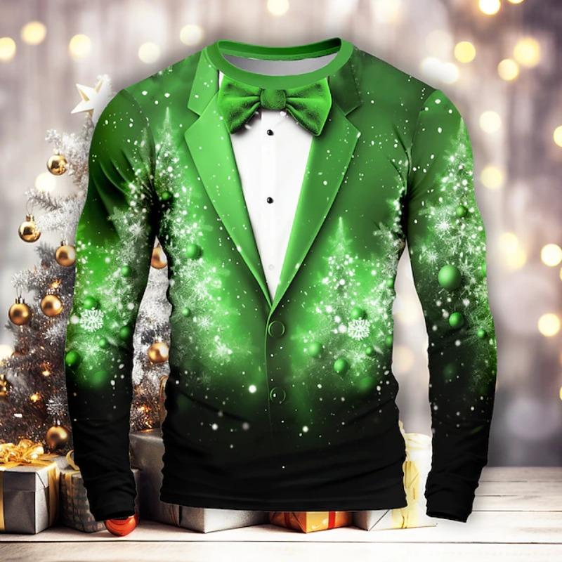 Christmas T-shirts For Men Shirts Tree Snowflake Graphic T-Shirt Cotton O Neck Oversized Long Sleeve Tops Streetwear Men's Shirt