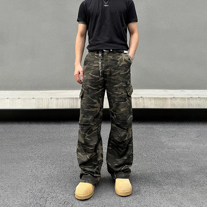 Unisex Retro Camouflage Multi-Pocket Flare Work Pants