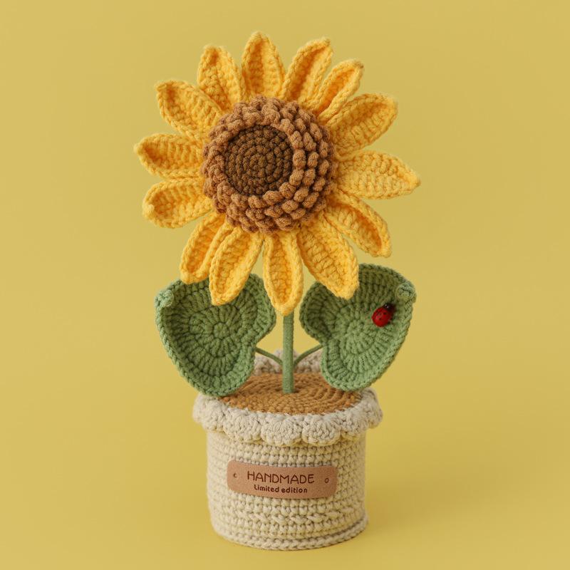 Handmade Crochet Knitted Sunflower Bouquet Creative Knitted Potted Plant Mini Cute Home Desktop Decorations Gifts for Lovers