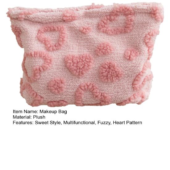 Fuzzy Heart Heart Pattern Makeup Bag Women Cosmetic Pouch Girls Cute Plush Clutch Zippered Bag Cosmetics
