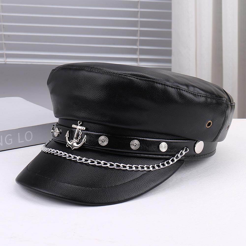 Punk Stil Flache Kappe Herren und Damen Persönlichkeit Leder Lange Nieten Leopardenmuster Silberne Kappe