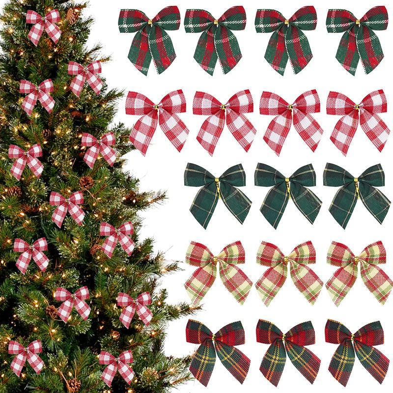 10/20Pcs Christmas Bows Xmas Tree Hanging Ornament Decorations for Home DIY Wreath Bowknot Noel Navidad 2024 New Year Gift Wrap