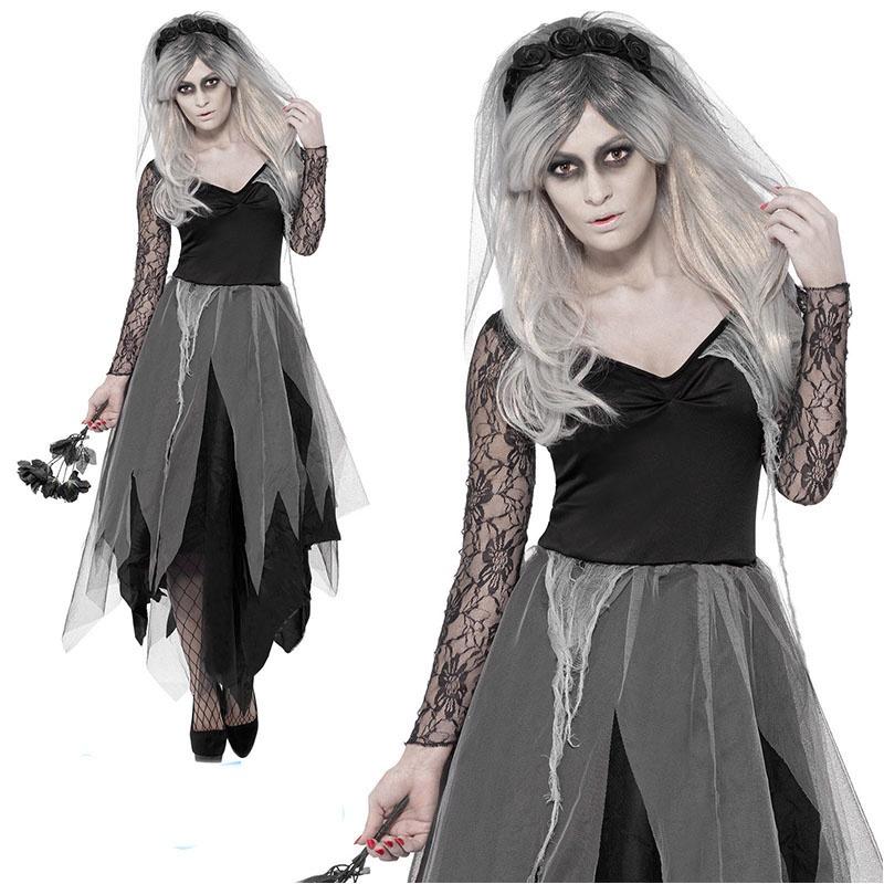 Elegant Ladies Womens Horror Zombie Costume Featuring Lace Hollow Long Sleeves