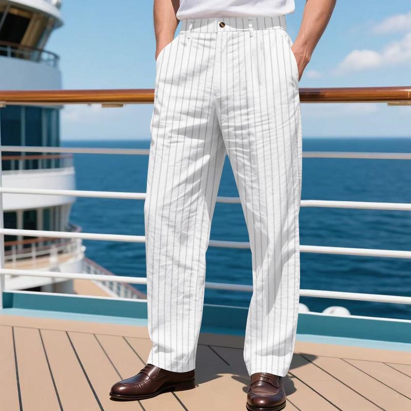 Men's Linen-Blend Relaxed Fit Breathable Casual Trousers with Vertical Stripes and Straight Leg Design