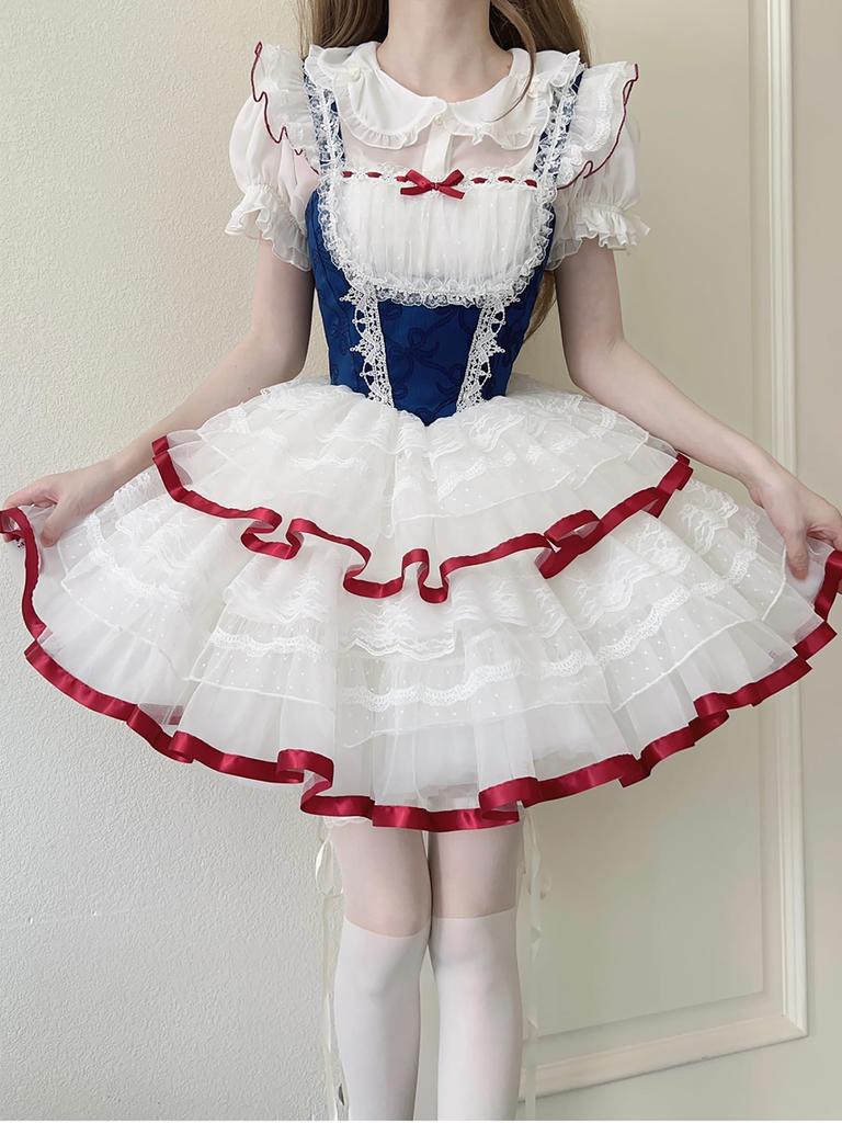 Lolita JSK Jumper Skirt with Dreamy Cute Gothic Lolita Outfit with Ruffles and Mori Idol Light Snow Size M [XHSUKADO] Ribbon, Women's One-Piece Dress,