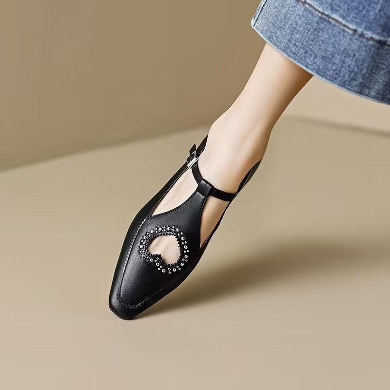 2024new Style Elegant Solid Color Party Shoes Womens Heart-shaped Hollow Dress Banquet Flat Shoes Buckle Design Zapatillas Mujer