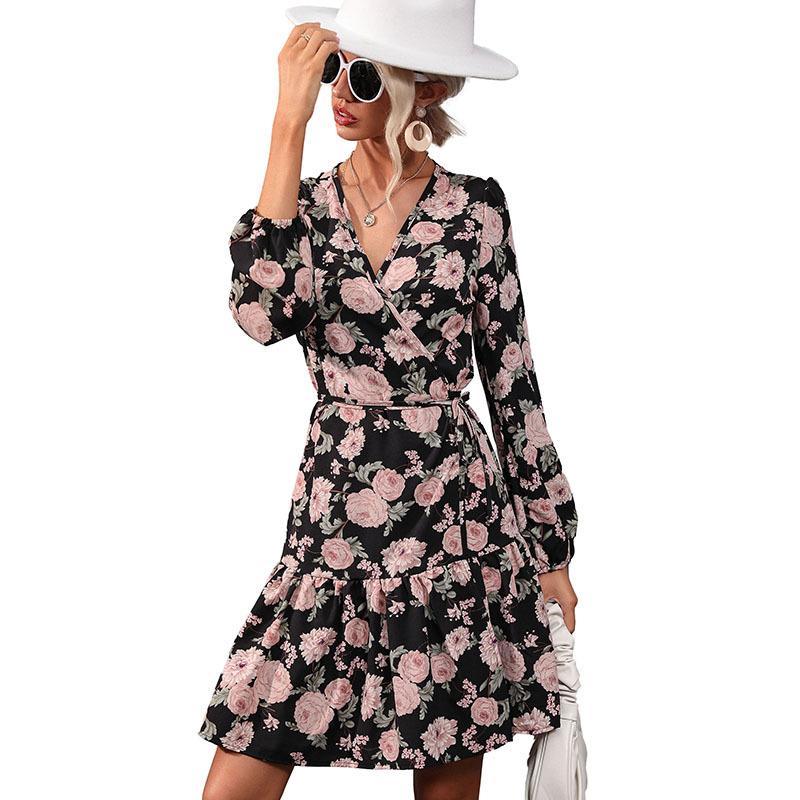 Amazon Independent Station European and American cross-border women's clothing autumn and winter new wrap-type printed cardigan v-neck dress