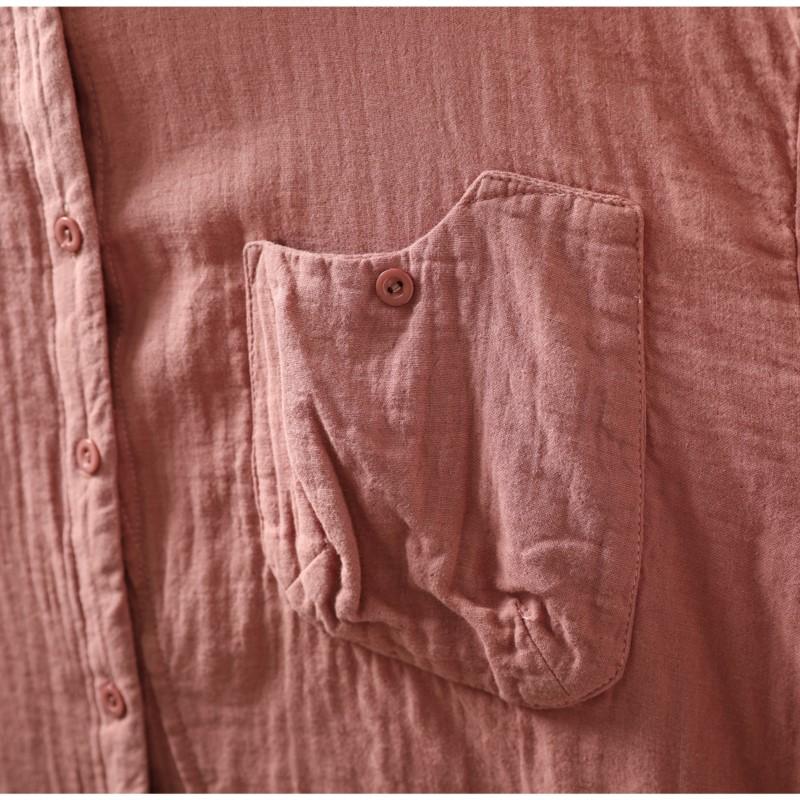 Johnature Women Vintage Shirts Tops Turn-down Collar Patchwork Pockets Blouses Autumn Solid Color Shirts