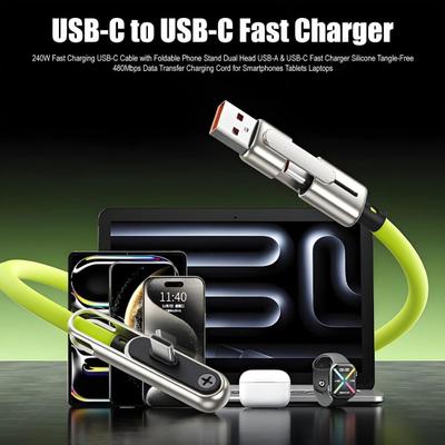 240W Fast Charging USB-C Cable with Foldable Phone Stand Dual Head USB-A & USB-C Fast Charger Silicone Tangle-Free 480Mbps
