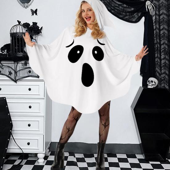 Women Ghost Costume for Adult Halloween Ghost Poncho Cloak White Ghost Hooded Cape Cosplay Party Outfit
