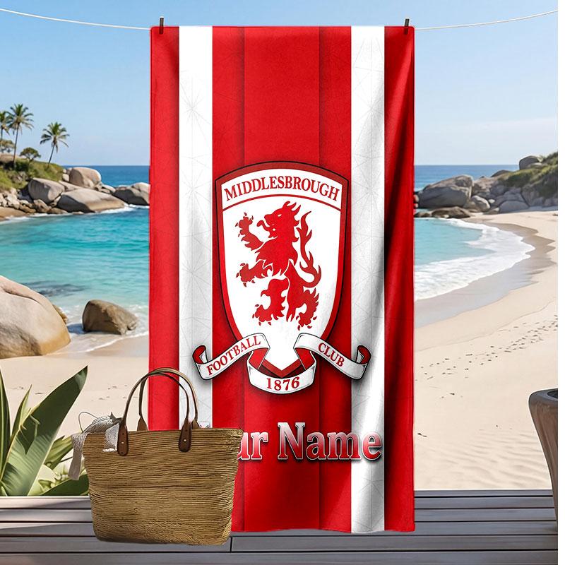 Asciugamano da Spiaggia Stampato Personalizzato Middlesbrough FC Logo Calcio Supporto Nome Personalizzato Testo Asciugamano Assorbente Per Sport Viaggio Regalo Speciale