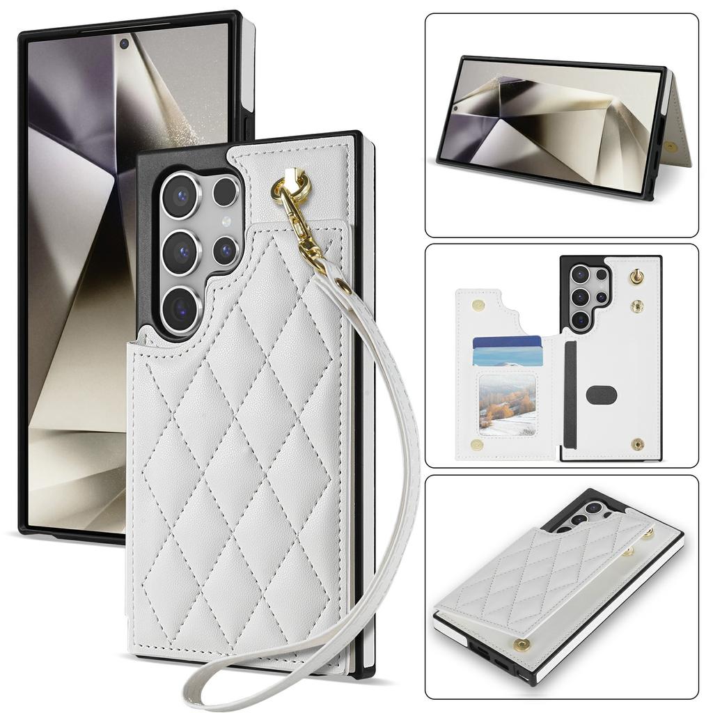 For Samsung Galaxy S24 Ultra Case with Wrist Strap Card Slots Rhombus Leather+TPU Phone Cover
