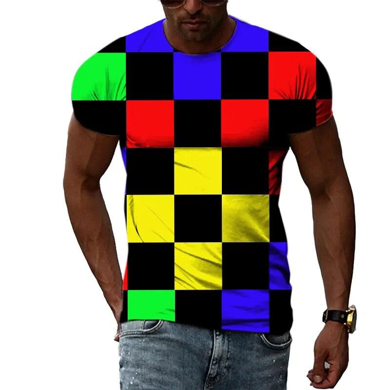 Freizeitgitter Sommer Beliebte Farbgittermuster Herren- und Damen-T-Shirts Print Hip Hop Rundhals-T-Shirts Kurzarmoberteile