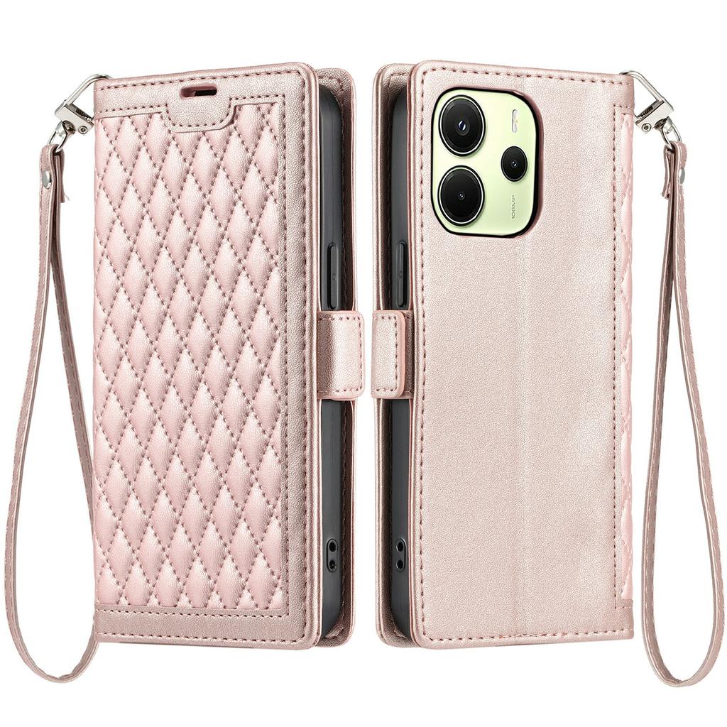 For Xiaomi Redmi Note 14 4G (163.25mm) Leather Case Rhombus Texture Wallet Stand Phone Cover with Wrist Strap