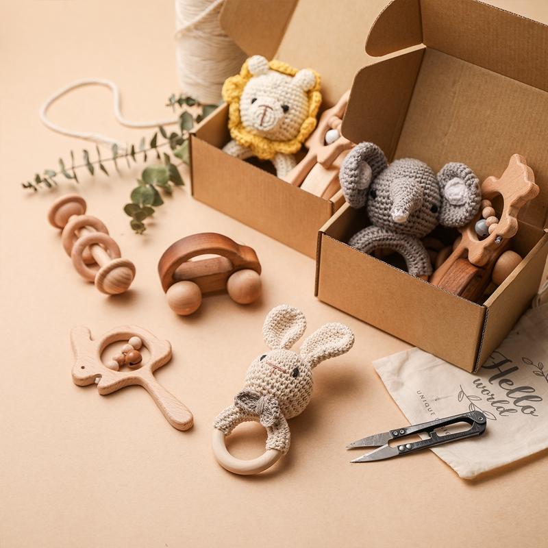 4 Pcs Baby Wooden Crochet Rattle Toys Natural Wooden Teether Animal Rattle Montessori Toy Eco Friendly Infant Newborn Gift