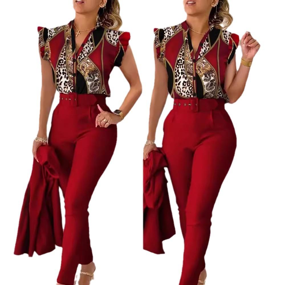 Elegant Women Two Piece Set Suits Fashion Printed Ruffle Sleeve Top Solid Color Pants Set with Belt Blouses Female Clothing